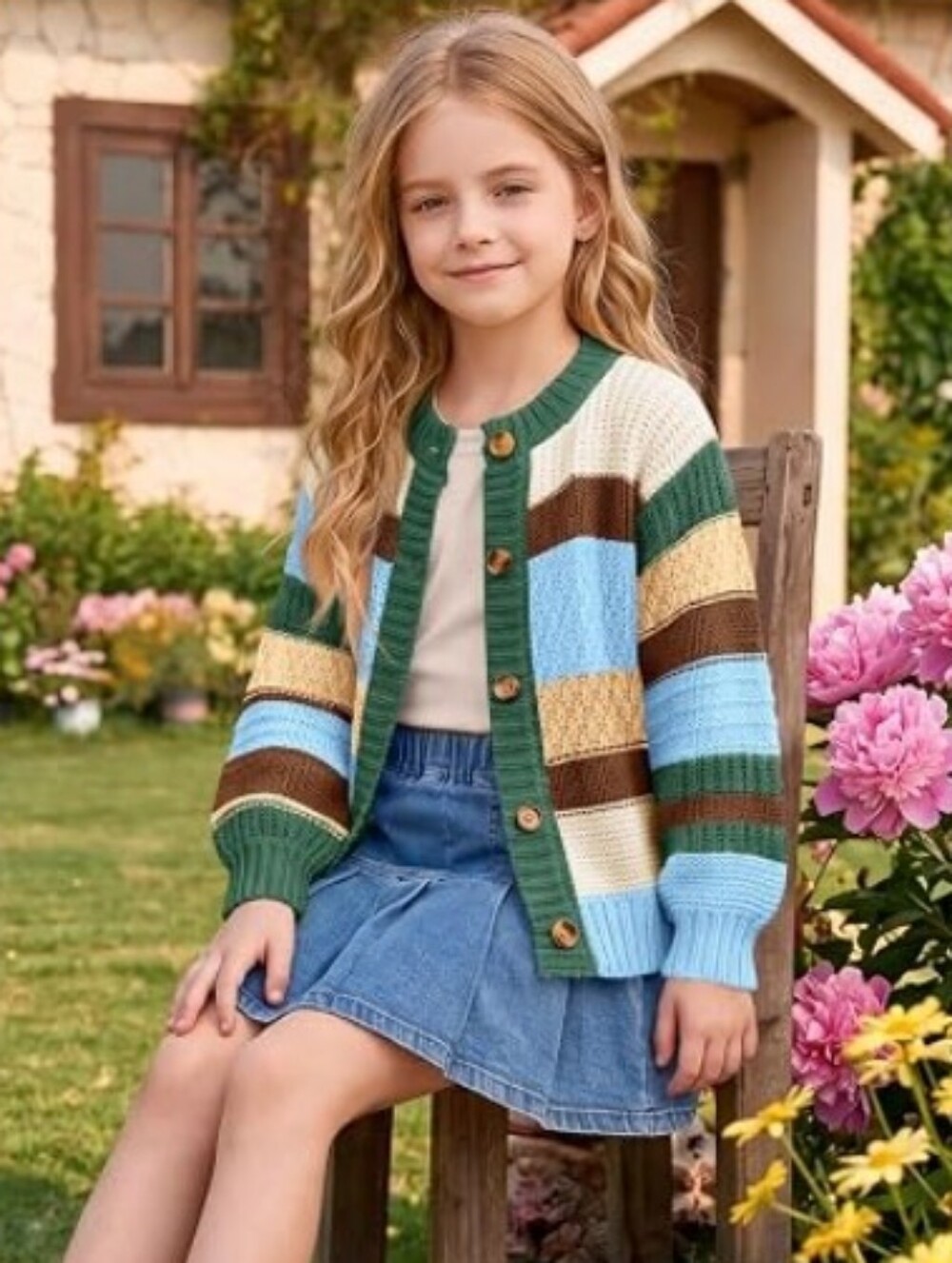 Girls Color Block Cardigan Sweaters Button Up Knit Sweater Green